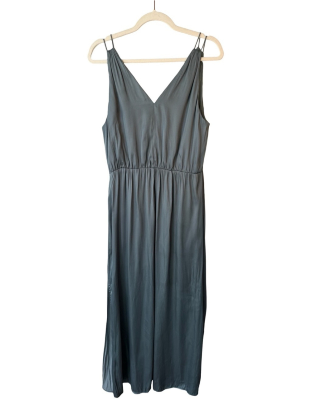 H&M Sage Green Satin Slip Dress NWT Size 12 Flowy Midi Dress Minimalist Chic - Picture 3 of 13